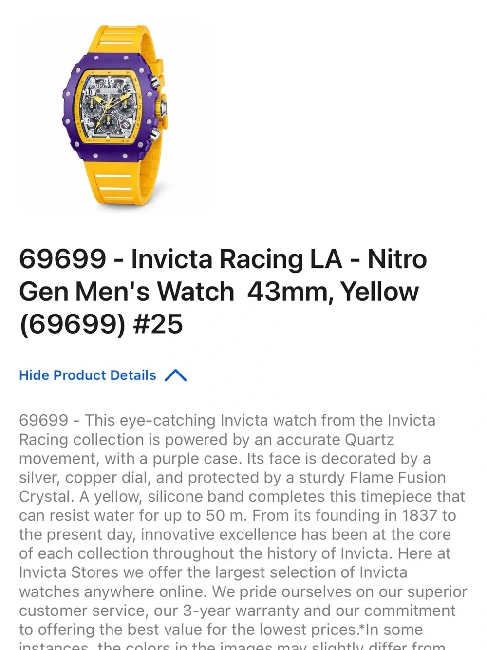 Invicta Racing LA Nitro Gen Men's Watch 43mm 69699, Yellow/Purple